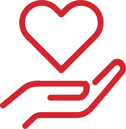 Dessin d'une main rouge avec un cœur flottant sur la paume, utilisé pour symboliser les partenariats caritatifs.