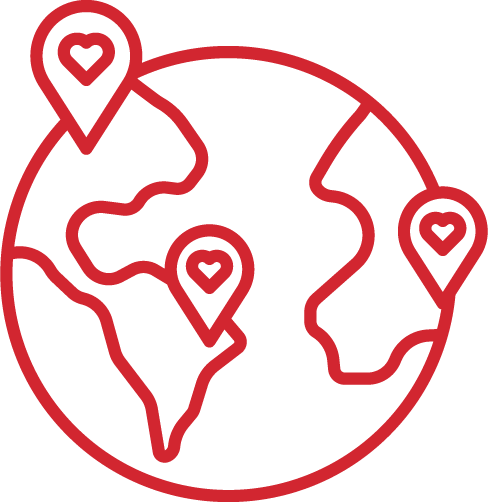 Red globe outline with location pointers