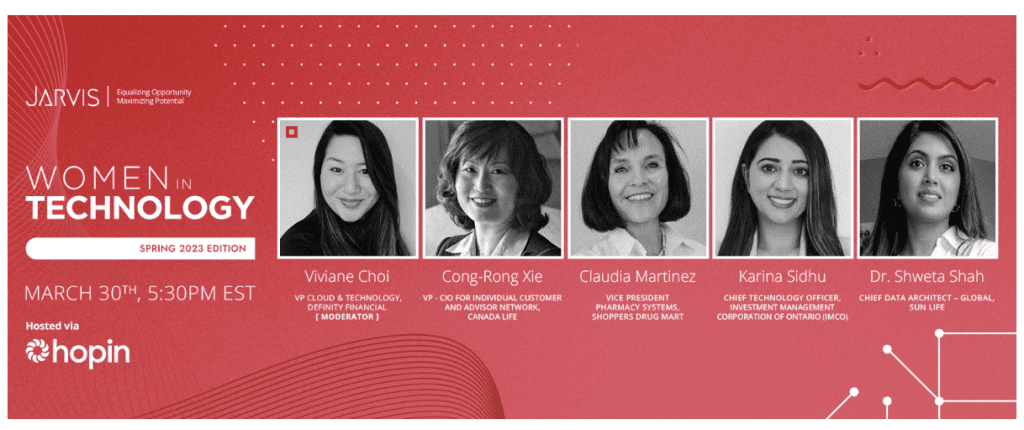 women in tech speakers and their headshots included Viviane Choi, Cong-Rong Xie, Claudia Martinez, Karina Sidhu and Dr. Shweta Shah